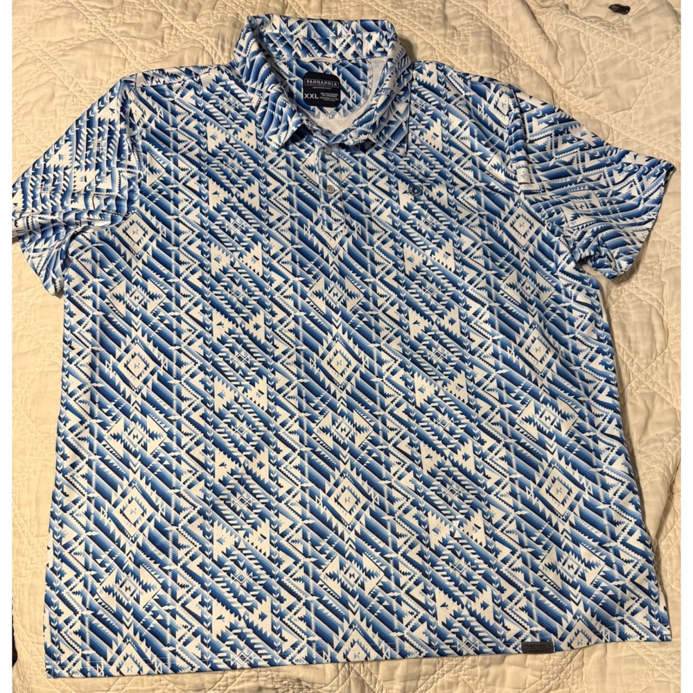 Panhandle Performance Mens XXL Blue White Aztec Southwestern Snap Polo Shirt - Picture 1 of 13